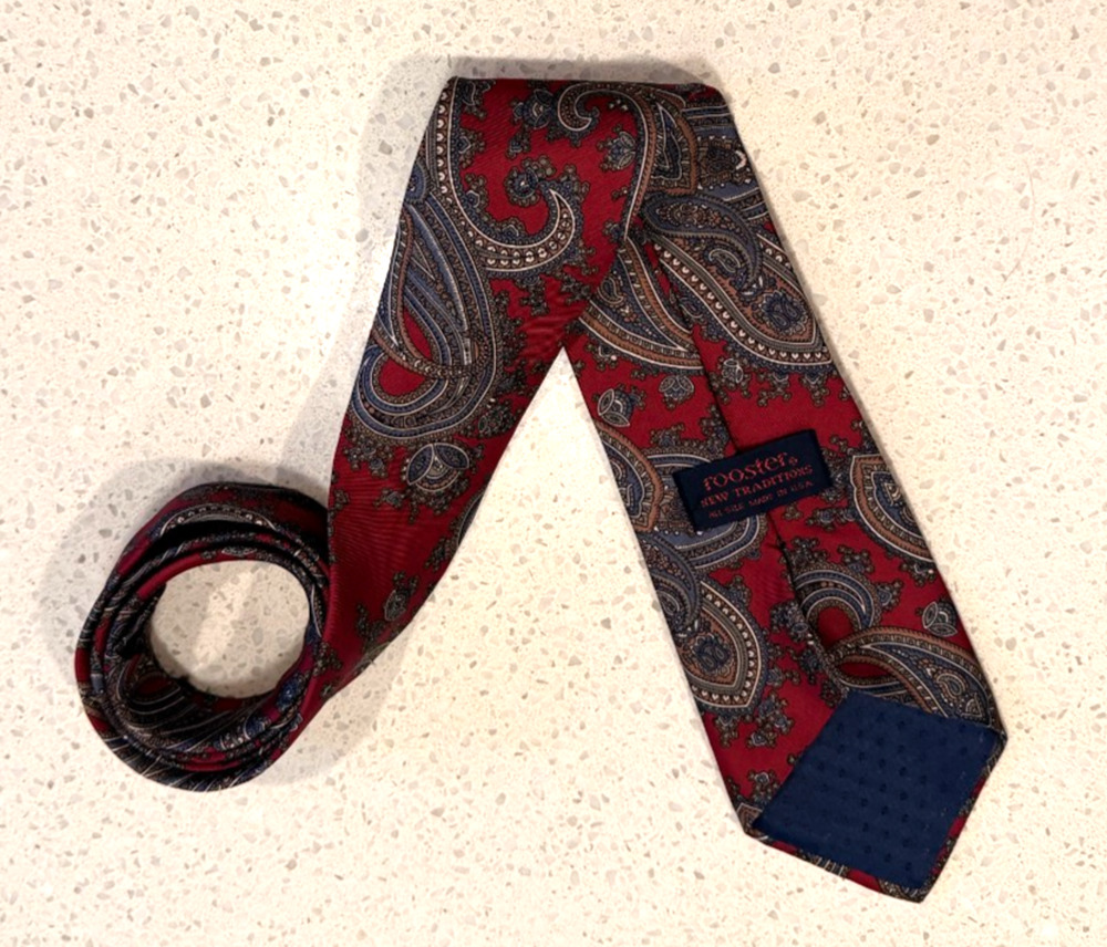 Rooster Mens Tie Red Navy Blue Gold Paisley 100% Silk Made in USA Vintage